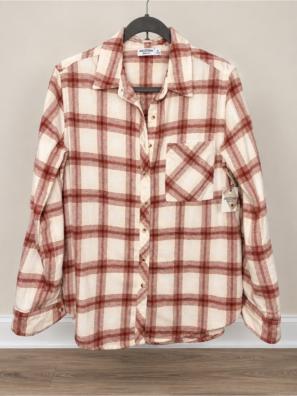 NWT Arizona Jean Co Cream Rust Plaid Flannel Button Down Shirt Medium